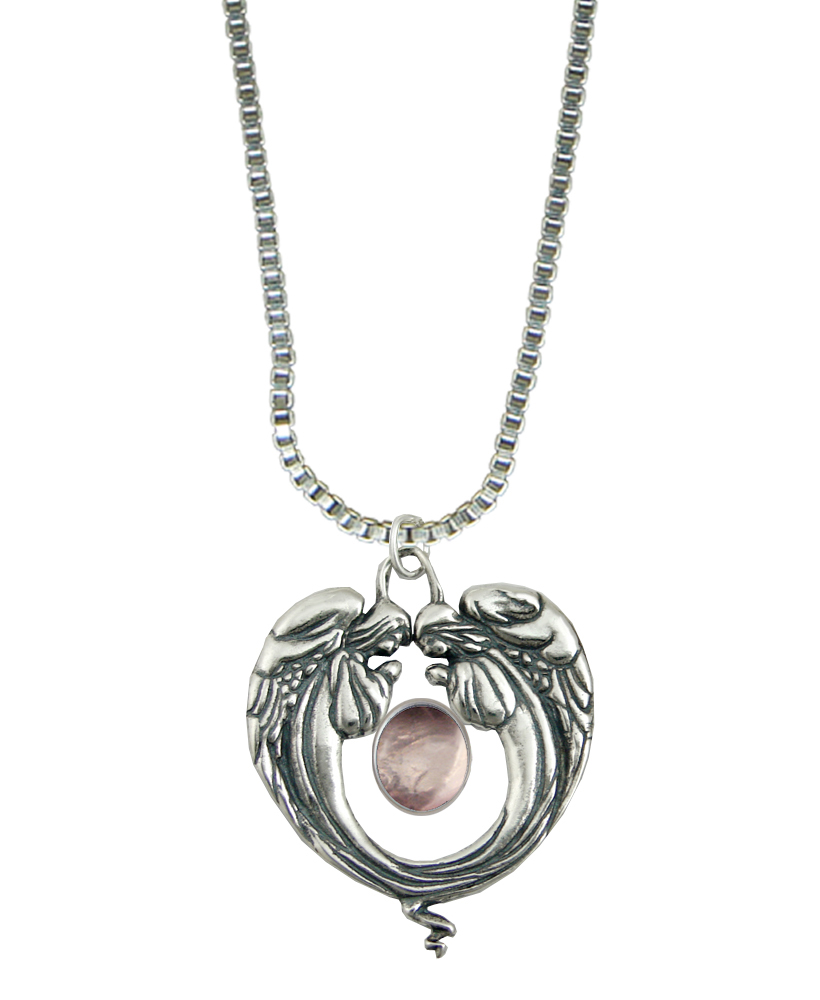 Sterling Silver Praying Angels Pendant With Rose Quartz